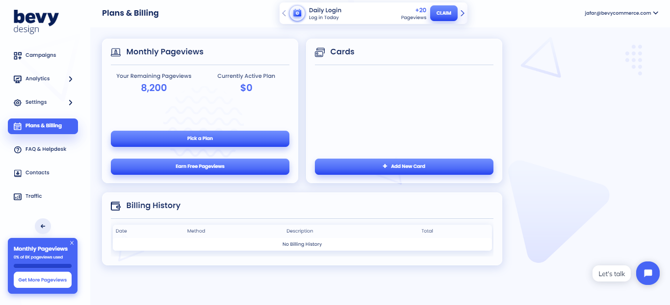 Screenshot of Bevy Design Plans &amp; Billings Page