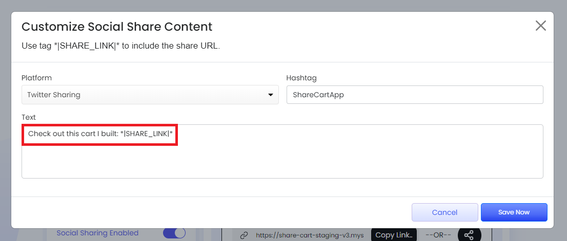 Screenshot of Customize Social Share Content modal-Adding the tag |SHARE_LINK|