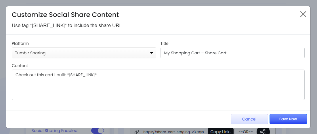 Screenshot of Customize Social Share Content modal-Adding title and content for Tumblr