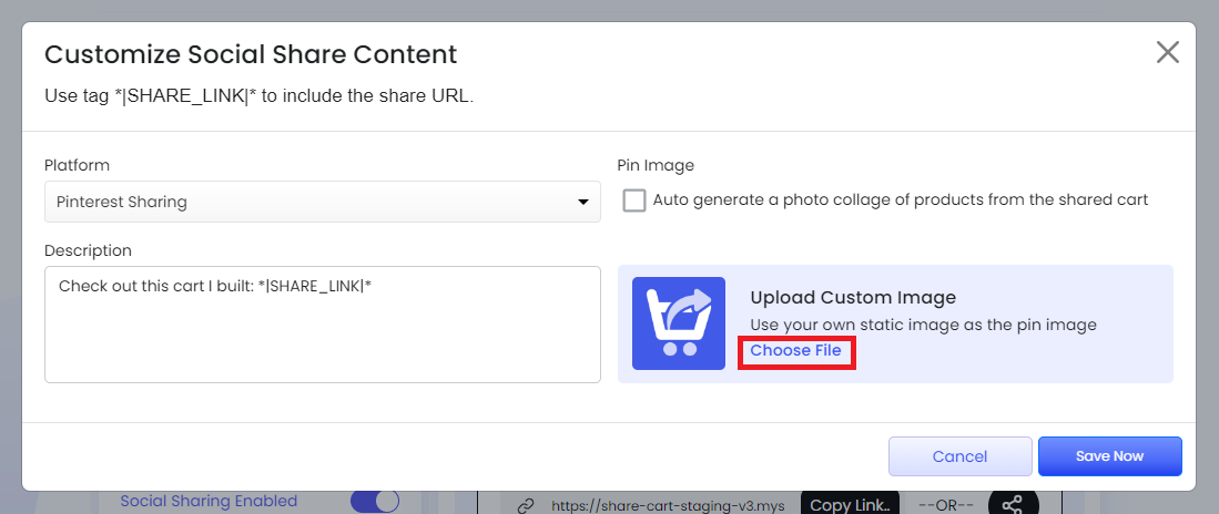 Screenshot of Customize Social Share Content modal-Uploading Custom Image