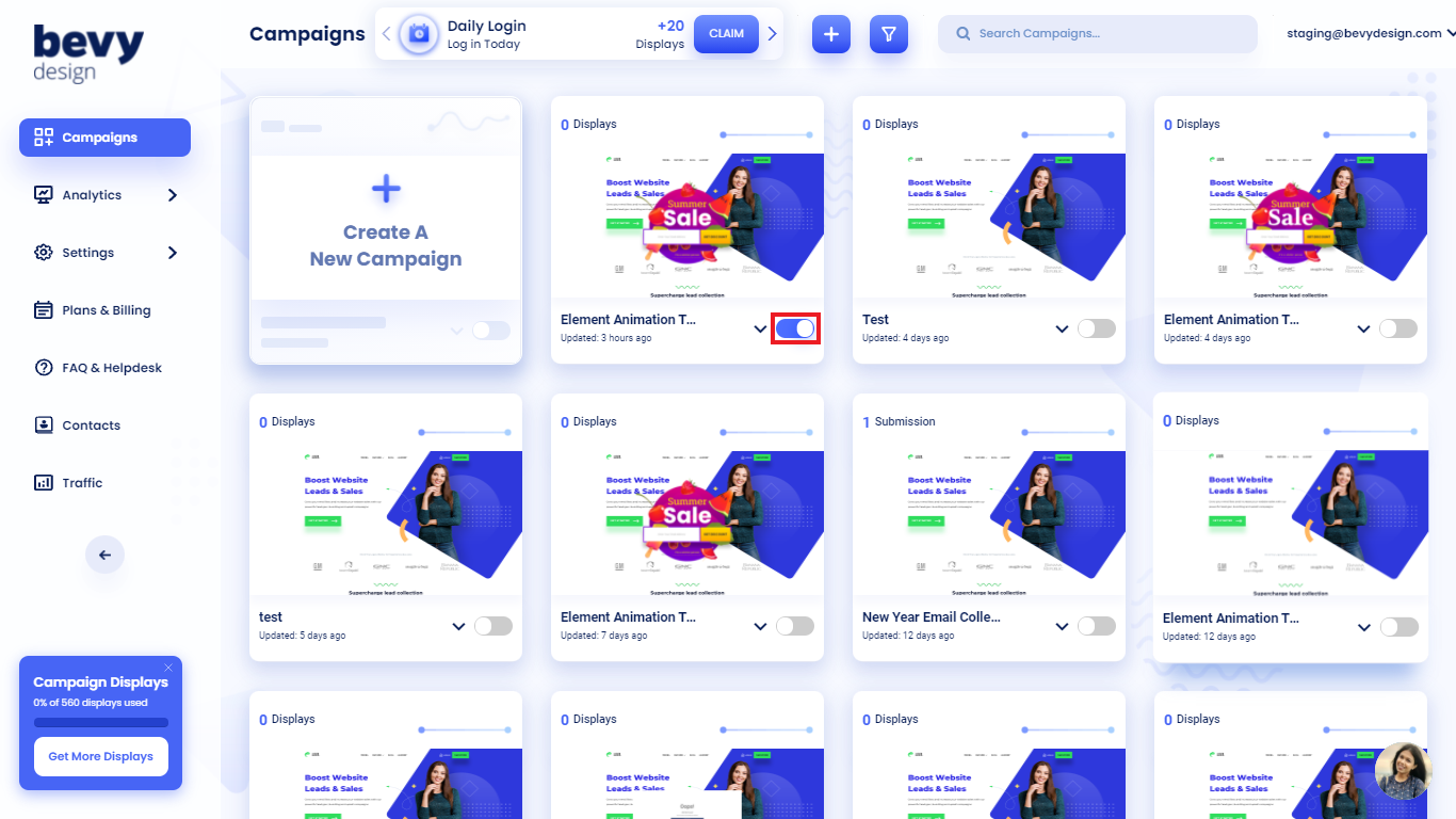 Bevy Design Activate/Deactivate a Campaign Screenshot showing how to activate or deactivate a campaign in Bevy Design