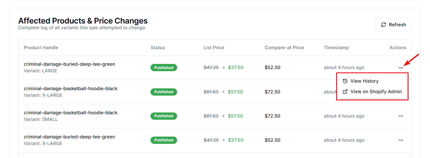 Screenshot of Price Rules Activity Log-Variant Actions