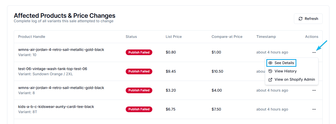 Screenshot of Price Rules Activity Log-Variant Actions