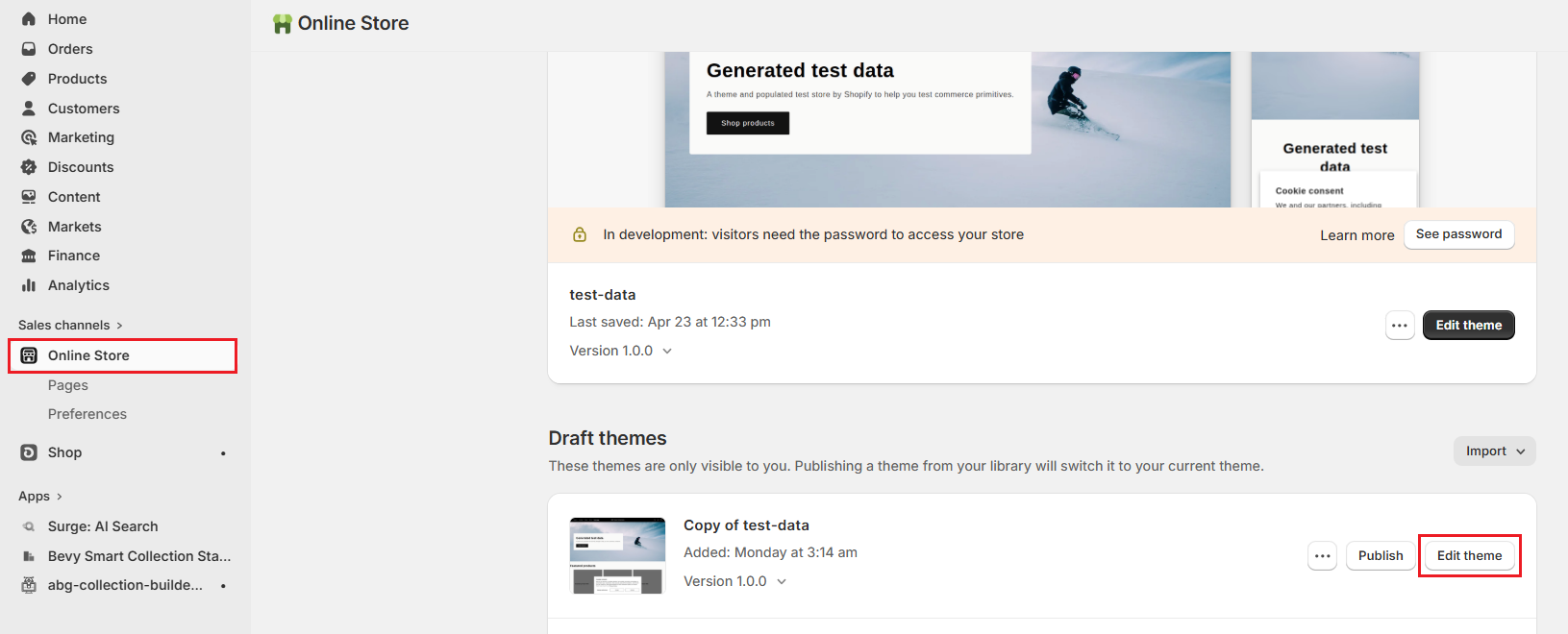 Screenshot of Shopify Admin Online Store-Edit Duplicate Theme
