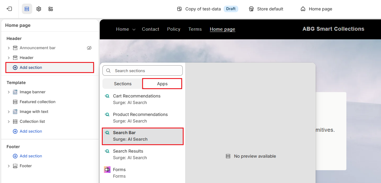 Screenshot of Shopify Admin Theme Editor-Add Search Bar