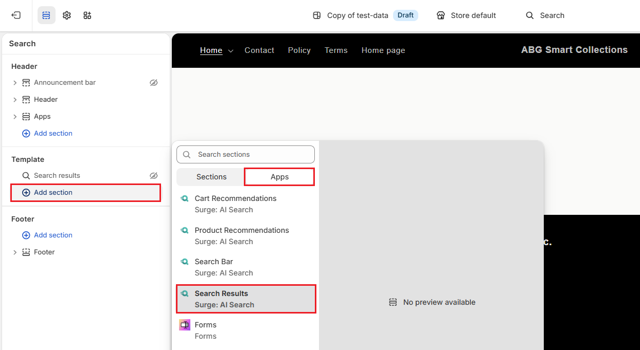 Screenshot of Shopify Admin Theme Editor-Add Search Results