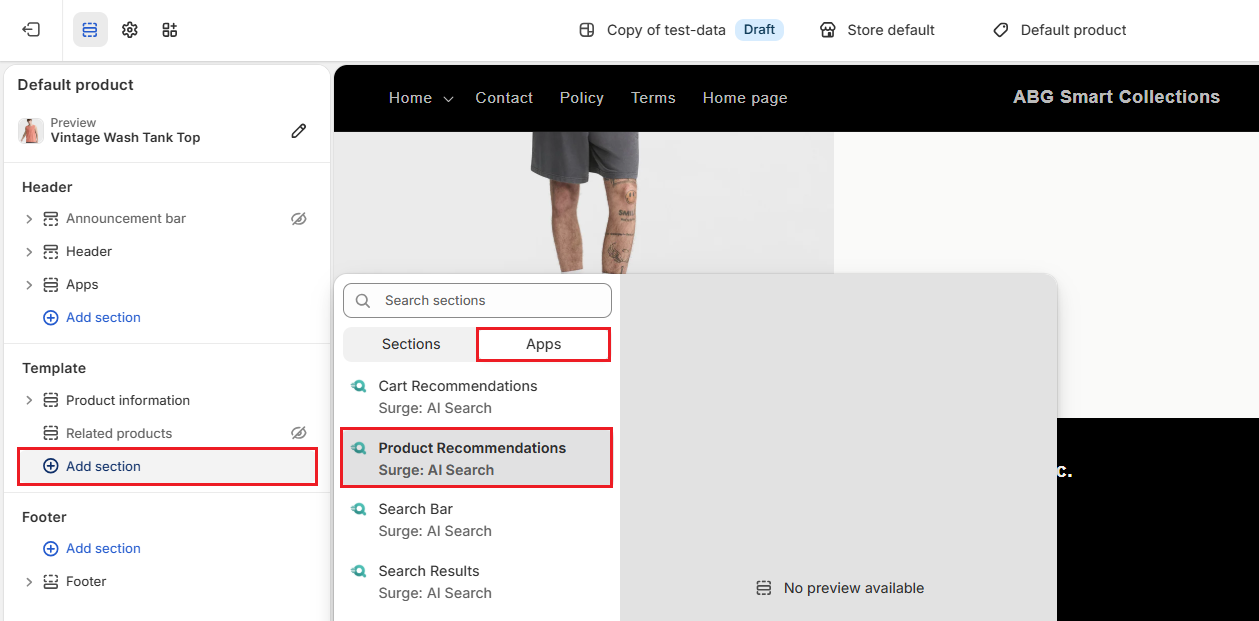 Screenshot of Shopify Admin Theme Editor-Add Product Recommendations