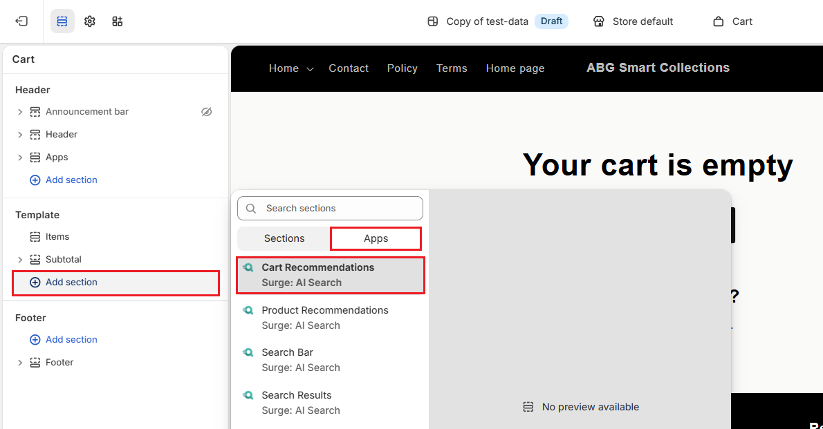 Screenshot of Shopify Admin Theme Editor-Add Cart Recommendations