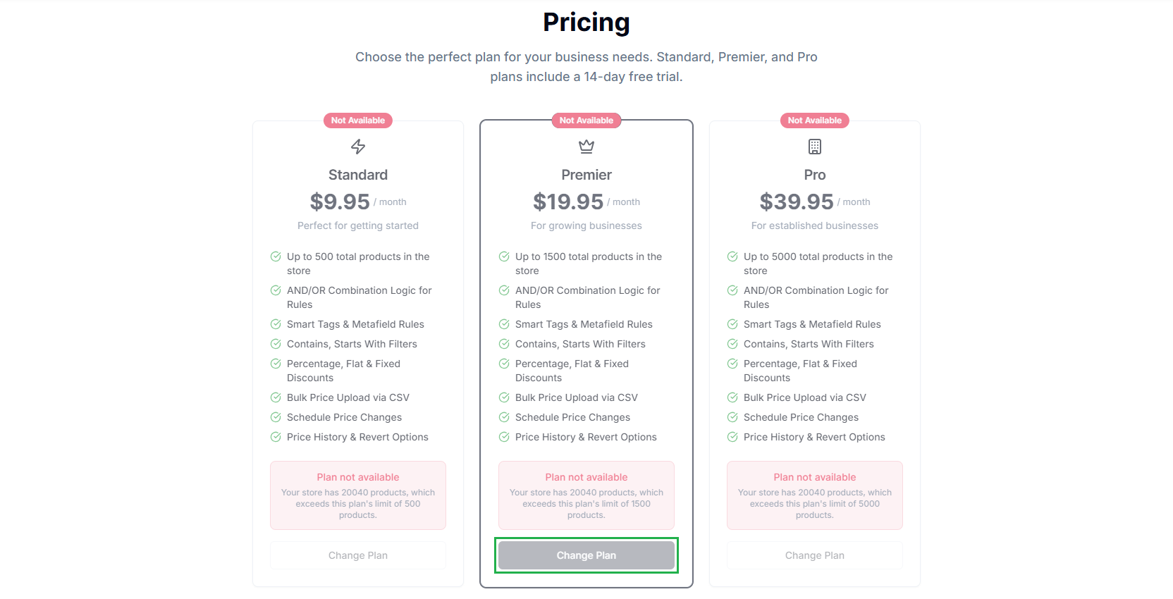 Screenshot of Price Rules Subscription and Pricing Details