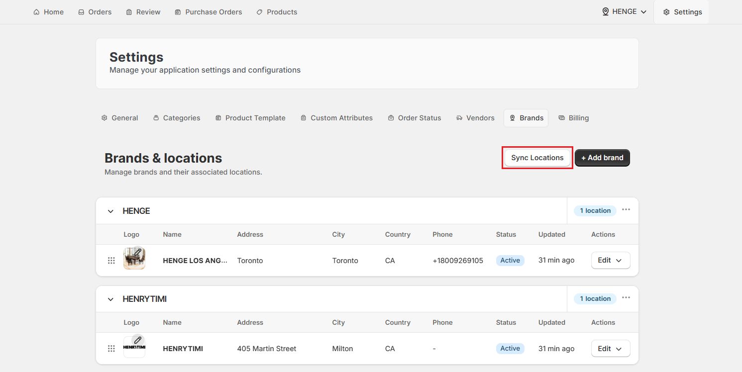 Screenshot of OrderPilot Brands Tab-Sync Locations