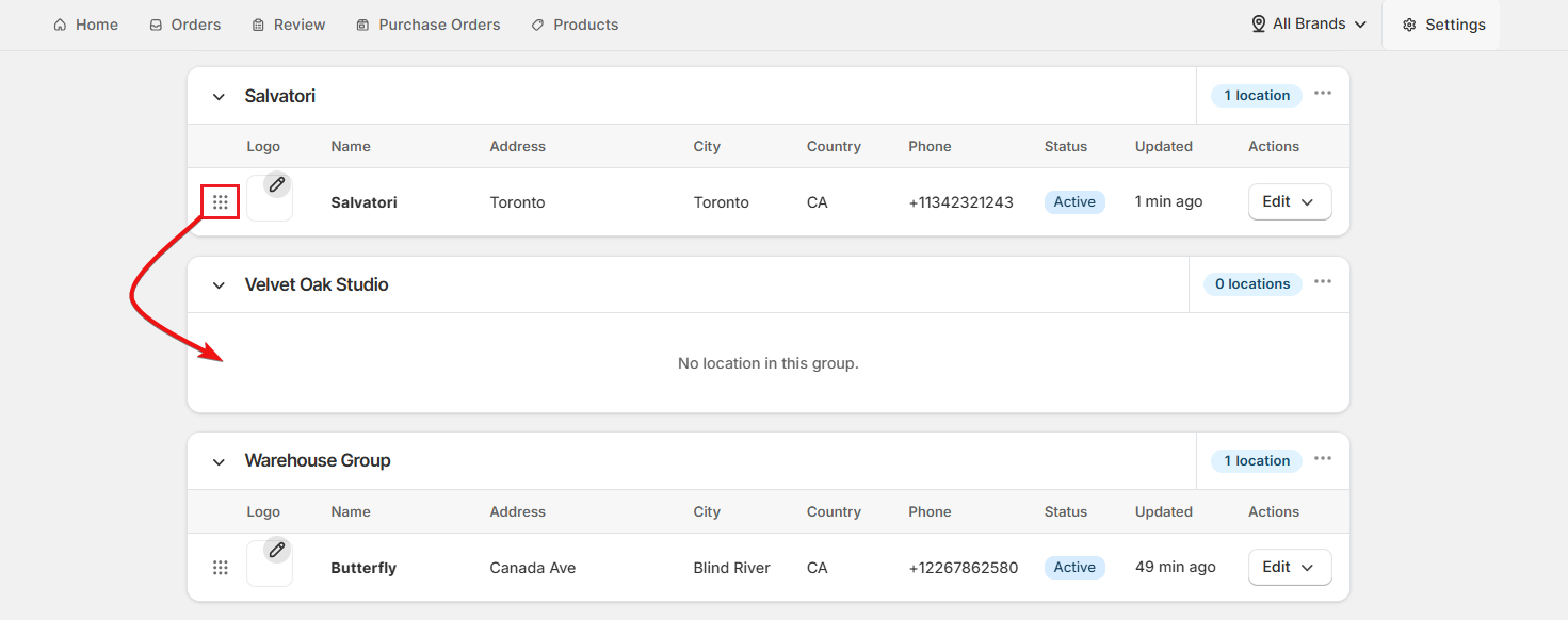 Screenshot of OrderPilot-Drag and Drop Location Under Brand