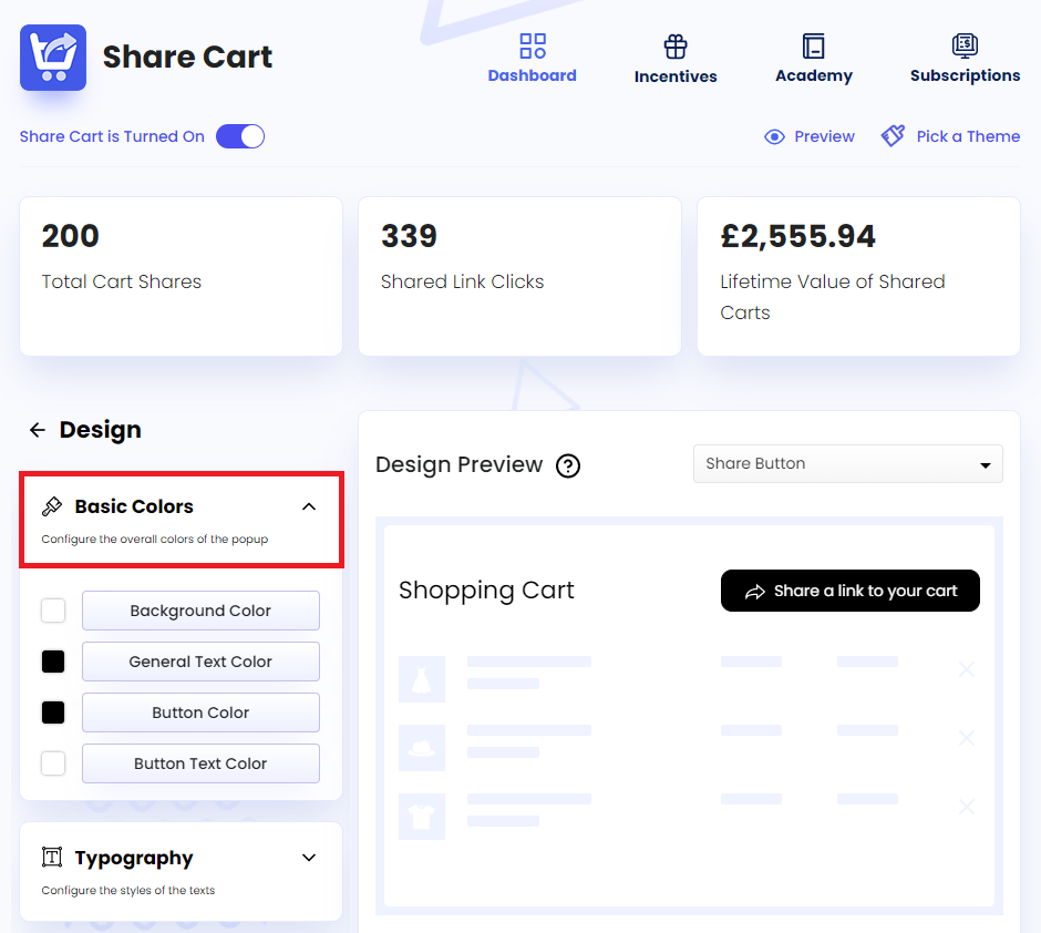 Screenshot of Share Cart Dasboard-Clicking on Basic Colors