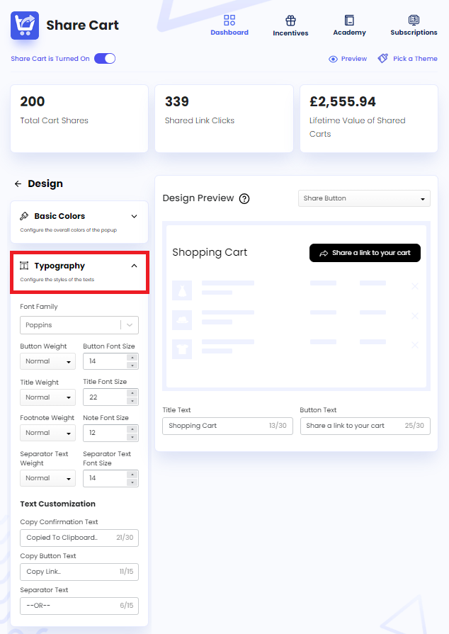 Screenshot of Share Cart Dashboard-Clicking on Typography