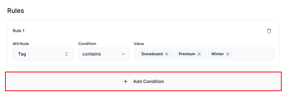 Screenshot of Smart Collections Builder Collection Creation Page-Adding Multiple Rules