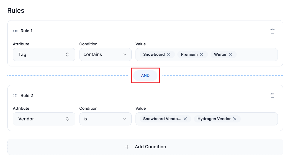 Screenshot of Smart Collections Builder Collection Creation Page-Adding Multiple Rules With AND Logic