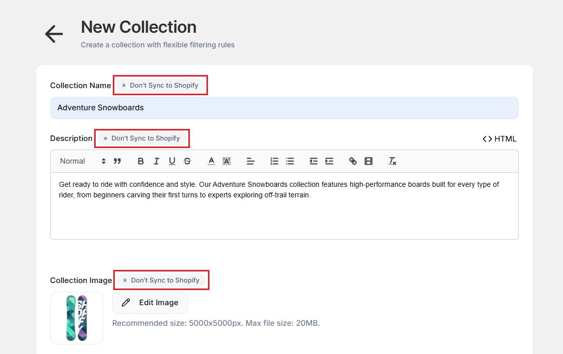 Screenshot of Smart Collections Builder Collection Creation Page-Shopify Sync Toggle Off