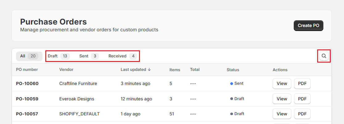 Screenshot of OrderPilot Manage Purchase Order