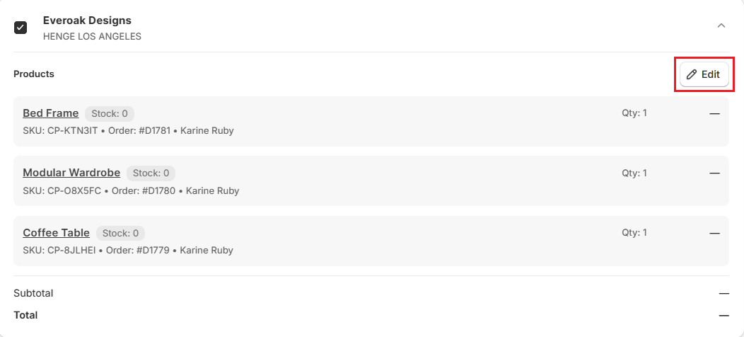 Screenshot of OrderPilot Create Purchase Order-Click Edit