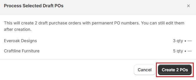 Screenshot of OrderPilot Create Purchase Order-Click Create POs