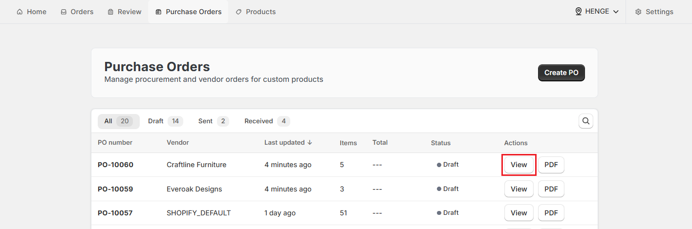 Screenshot of OrderPilot Purchase Orders Tab-Click View