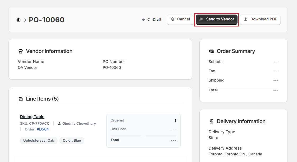Screenshot of OrderPilot Send Purchase Orders