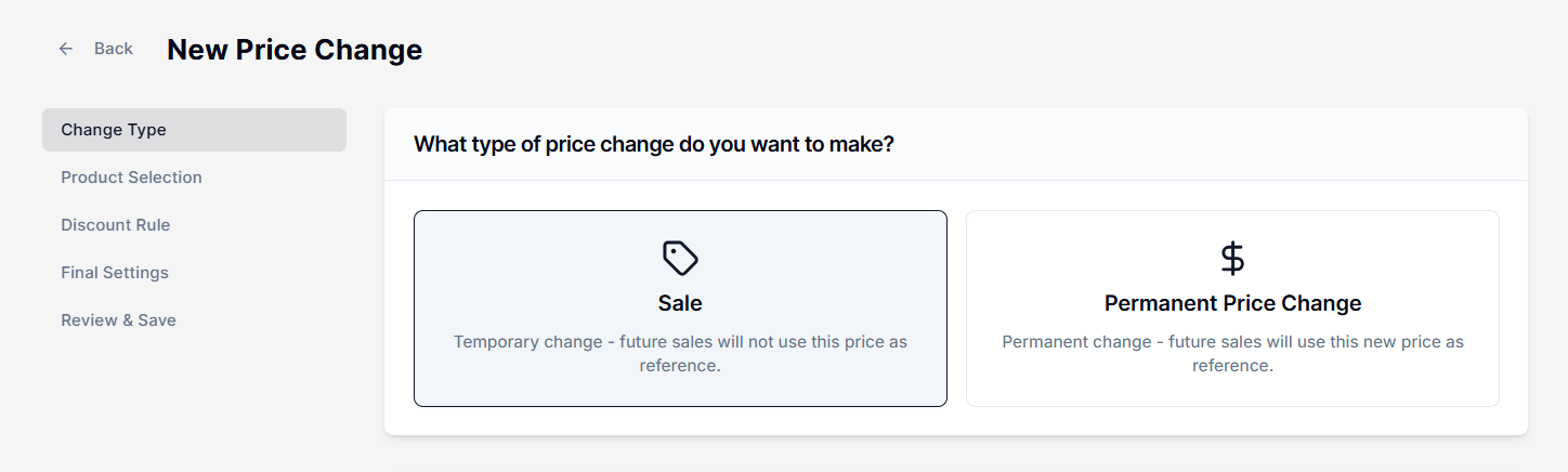 Screenshot of Price Rules Change Type