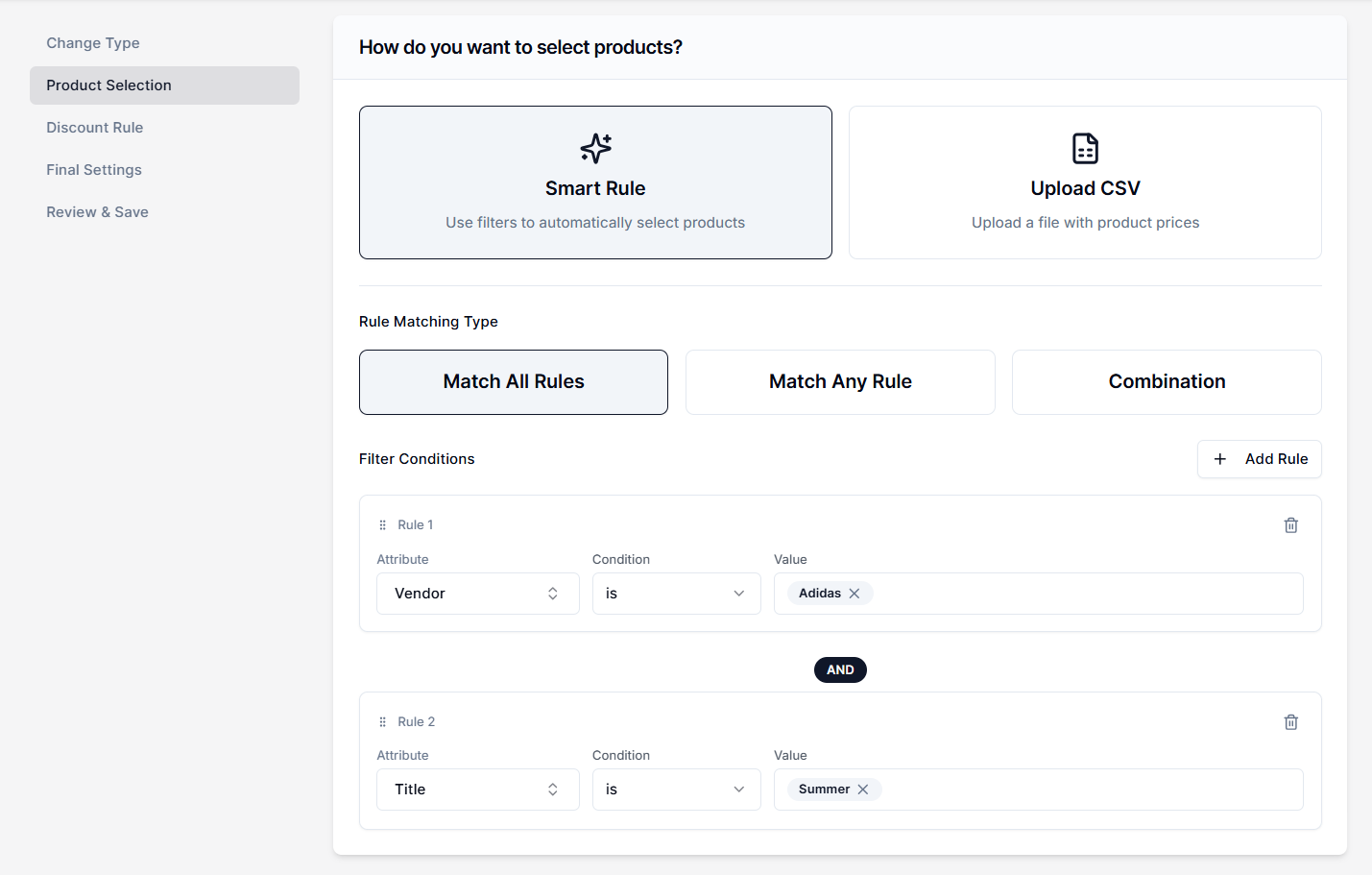 Screenshot of Price Rules Product Selection-Smart Rule