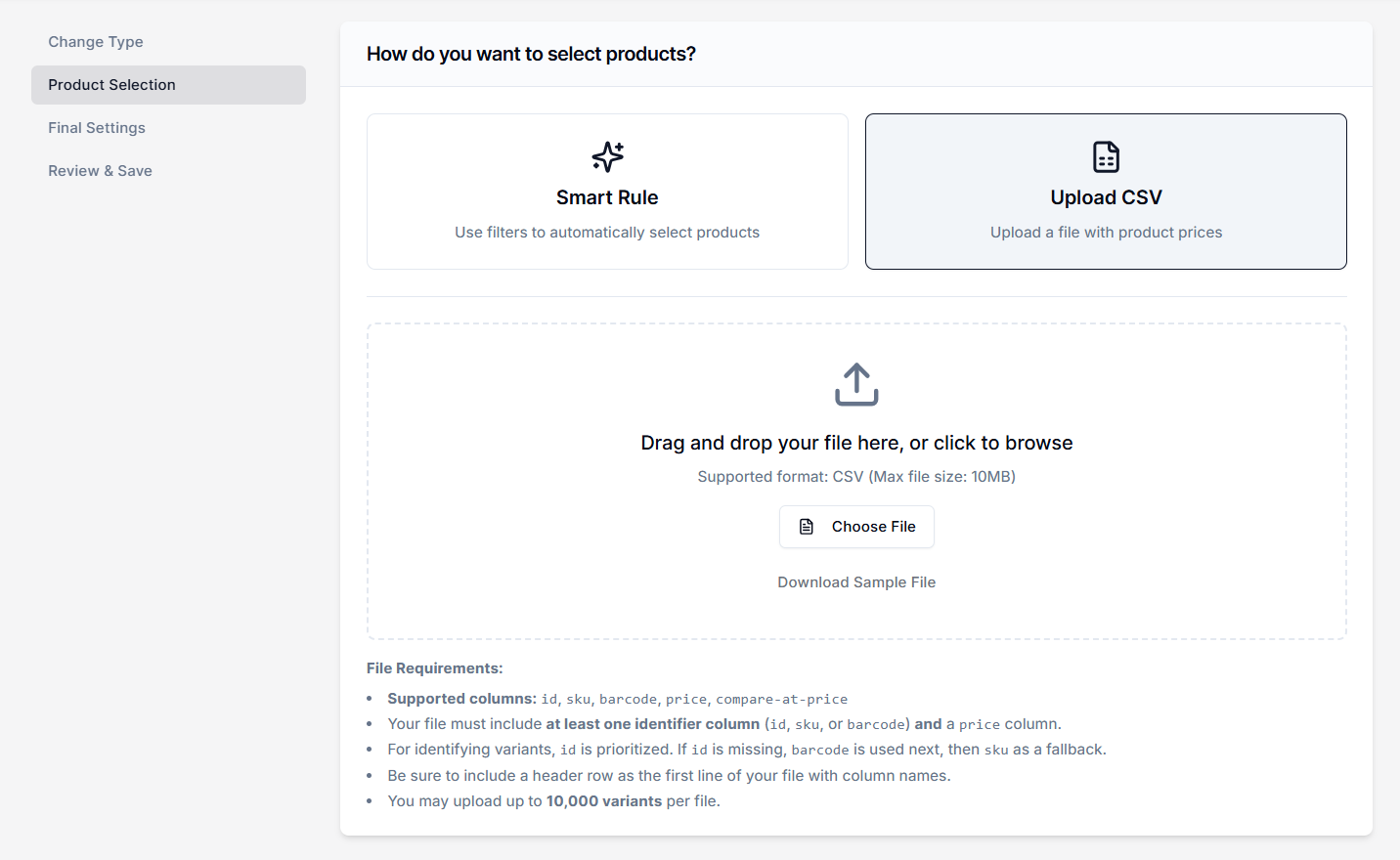 Screenshot of Price Rules Product Selection-CSV Upload