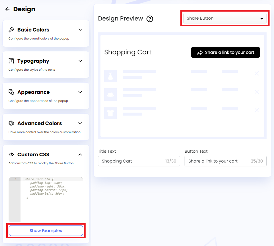 Screenshot of Share Button Custom CSS-Clicking on Show Examples