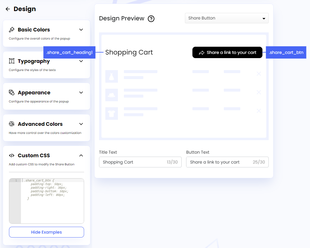 Screenshot of Share Button Custom CSS-Viewing CSS Selectors