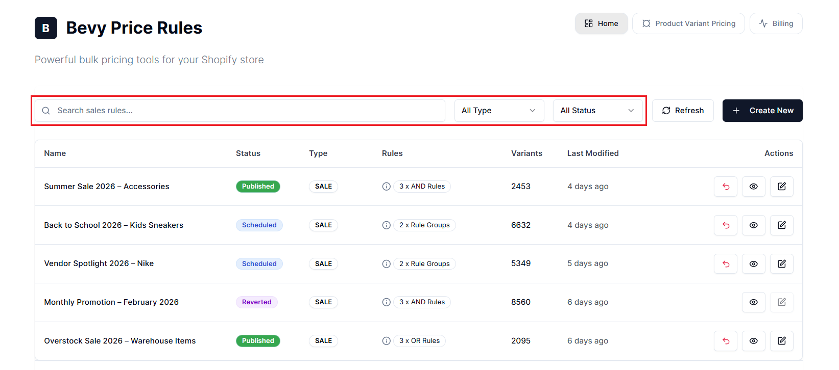 Screenshot of Price Rules Dashboard-Search and Filters