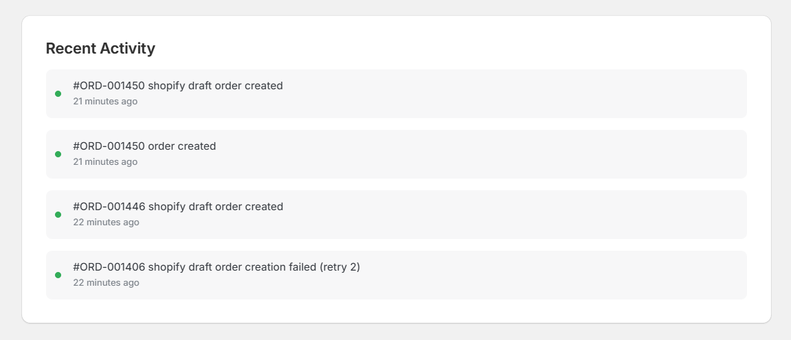 Screenshot of OrderPilot Dashboard-Recent Activity