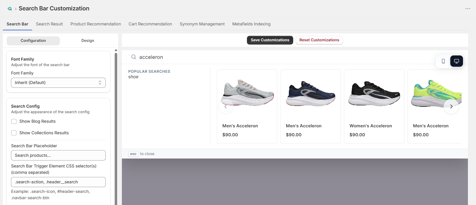 Screenshot of Surge Dashboard Search Settings Page