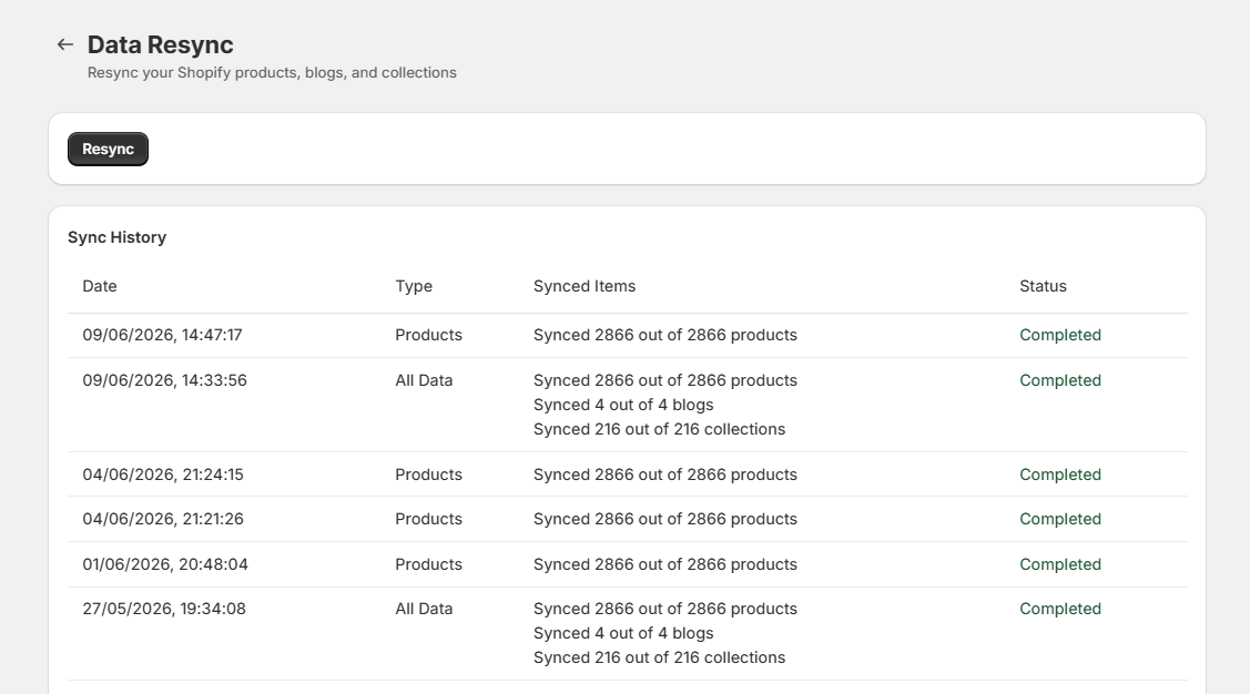 Screenshot of Surge Dashboard Sync History Page