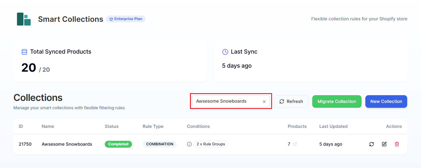 Screenshot of Smart Collections Builder Dashboard-Searching Collection