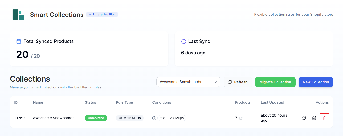 Screenshot of Smart Collections Builder Dashboard-Deleting Collection