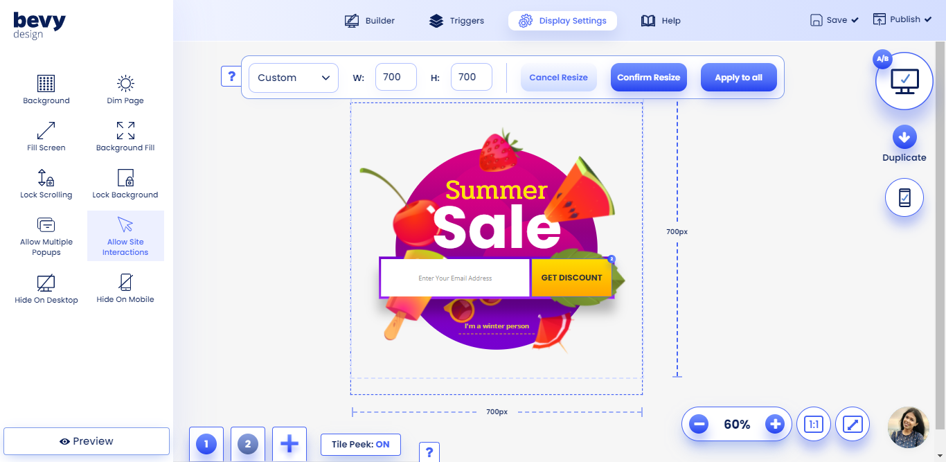 Bevy Builder Display Options Screenshot of Bevy Builder Display Options