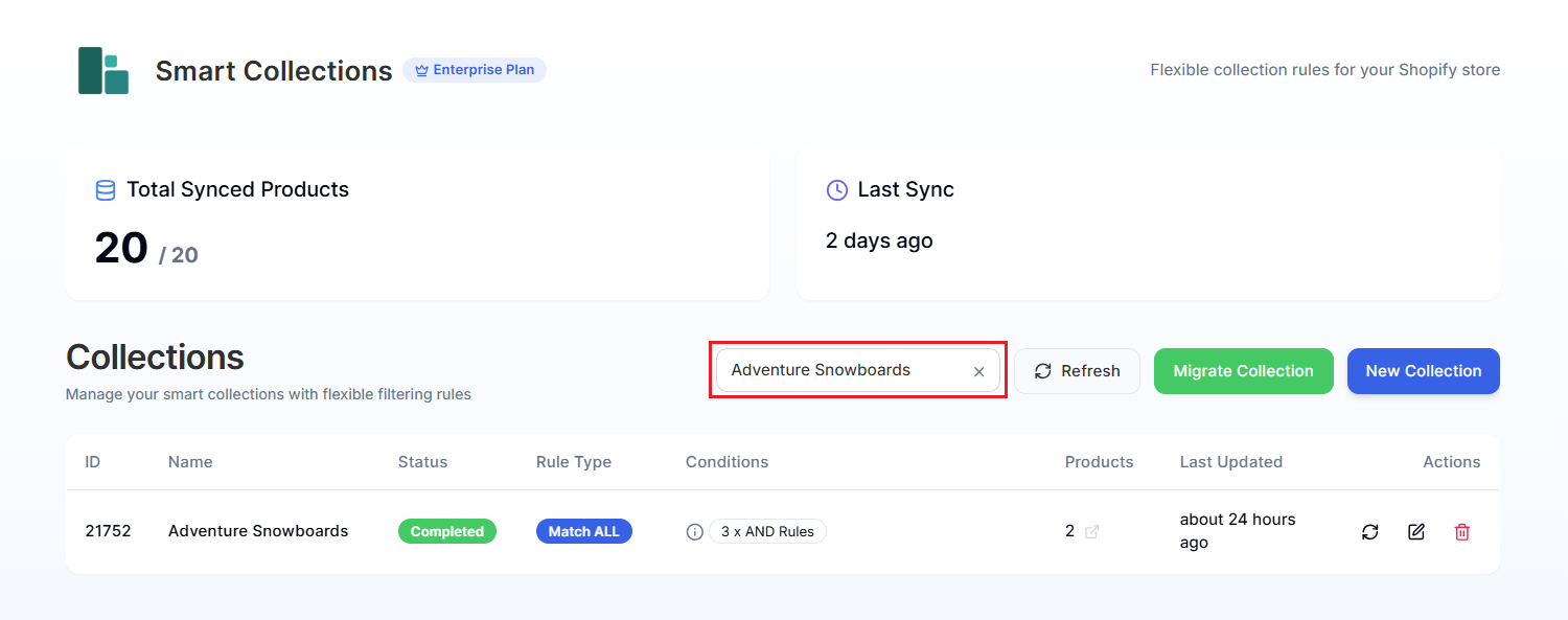 Screenshot of Smart Collections Builder Dashboard-Searching Collection