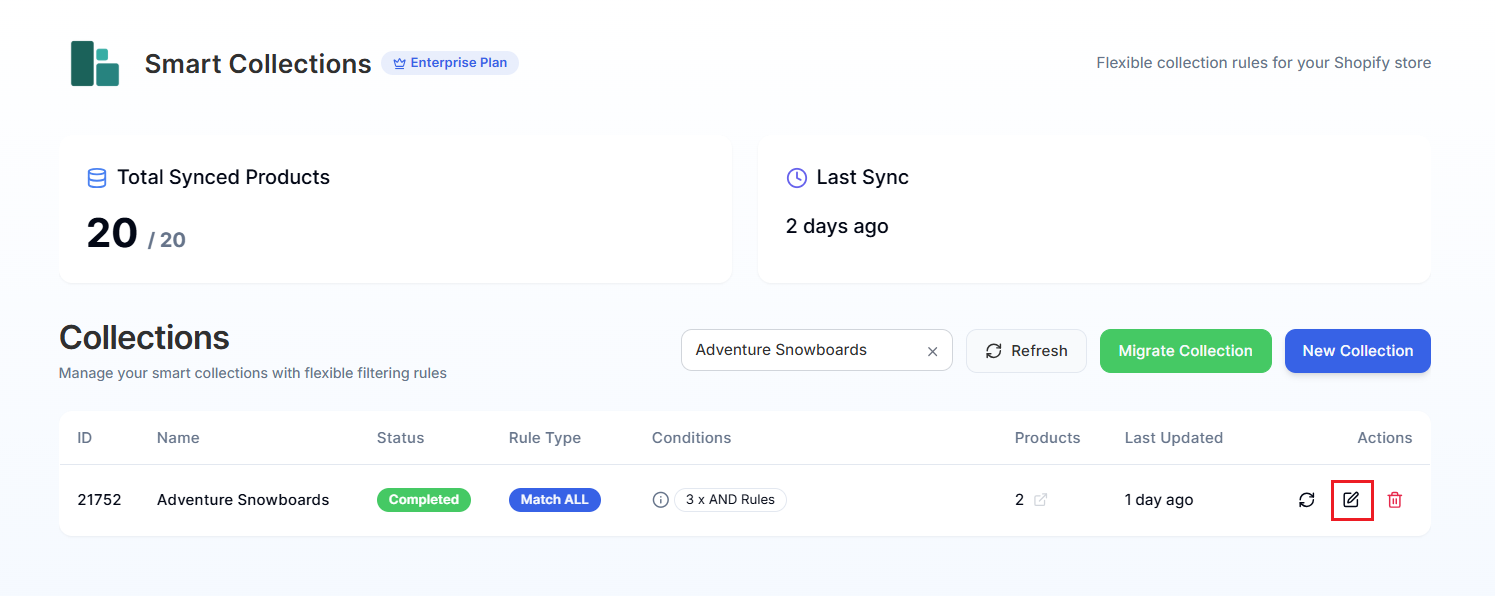 Screenshot of Smart Collections Builder Dashboard-Editing Collection