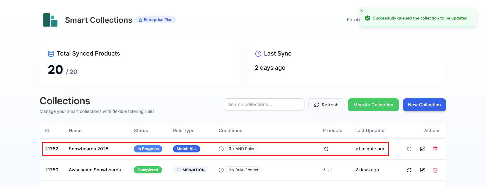 Screenshot of Smart Collections Builder Dashboard-Checking Collection Progress