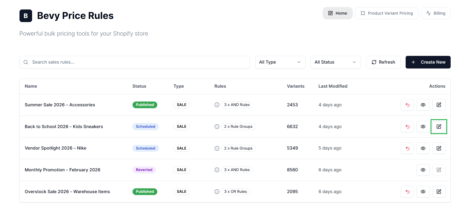 Screenshot of Price Rules Dashboard-Edit Rule