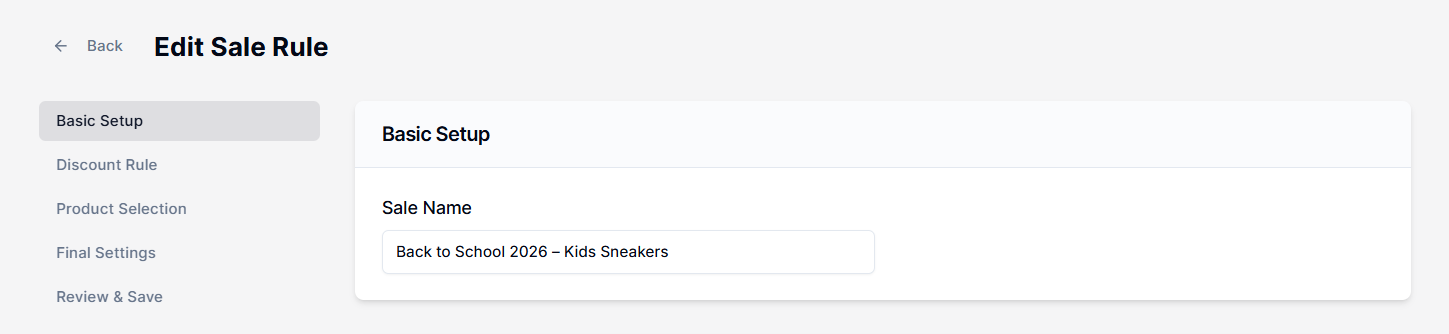 Screenshot of Price Rules Basic Setup-Edit Sale Name