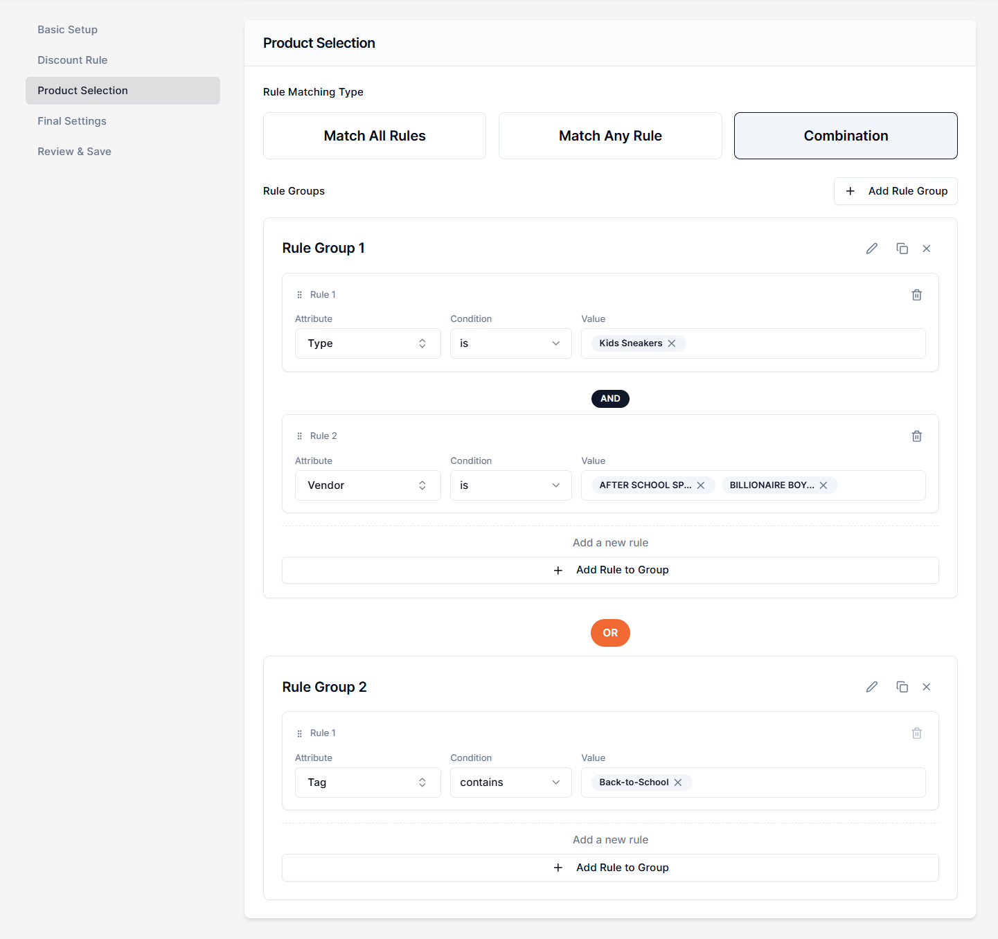 Screenshot of Price Rules-Edit Product Selection