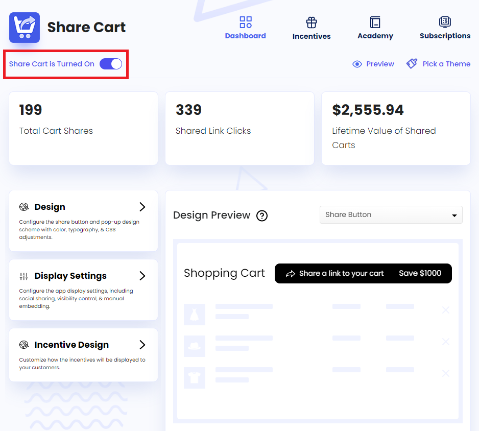 Share Cart On/Off Toggle