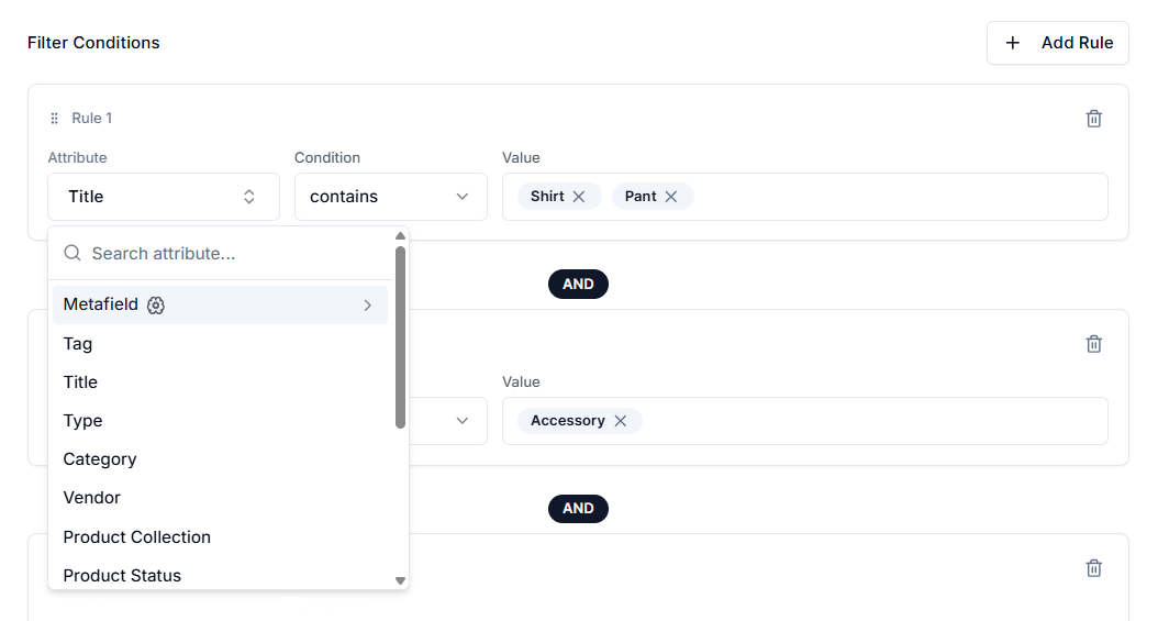 Screenshot of Price Rules Product Level Attributes