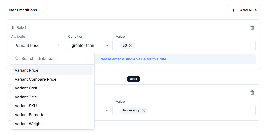 Screenshot of Price Rules Variant Level Attributes