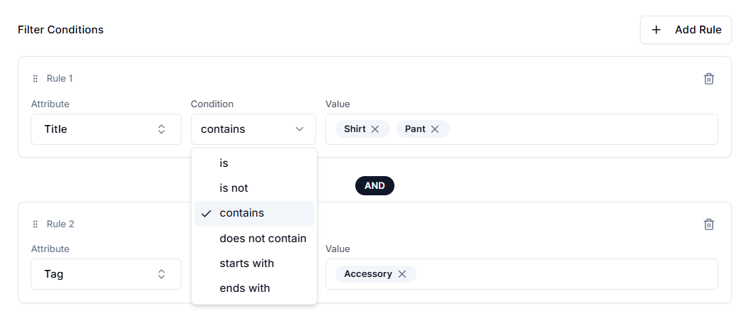 Screenshot of Price Rules Text Based Conditions