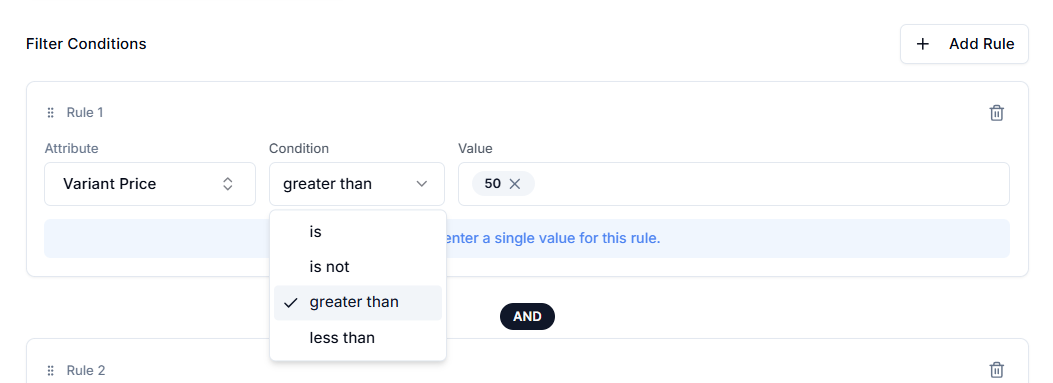 Screenshot of Price Rules Number Based Conditions