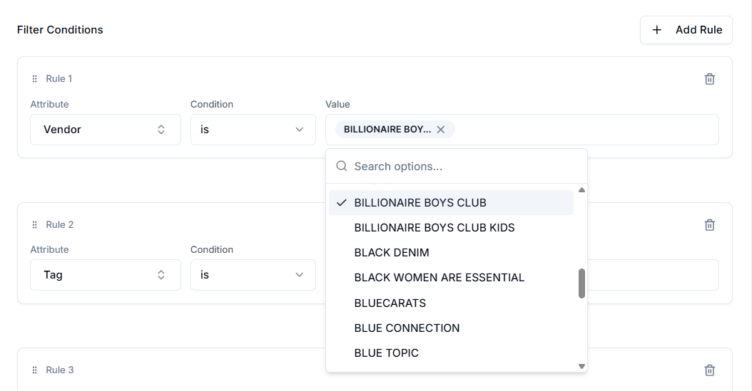 Screenshot of Price Rules Filter Value