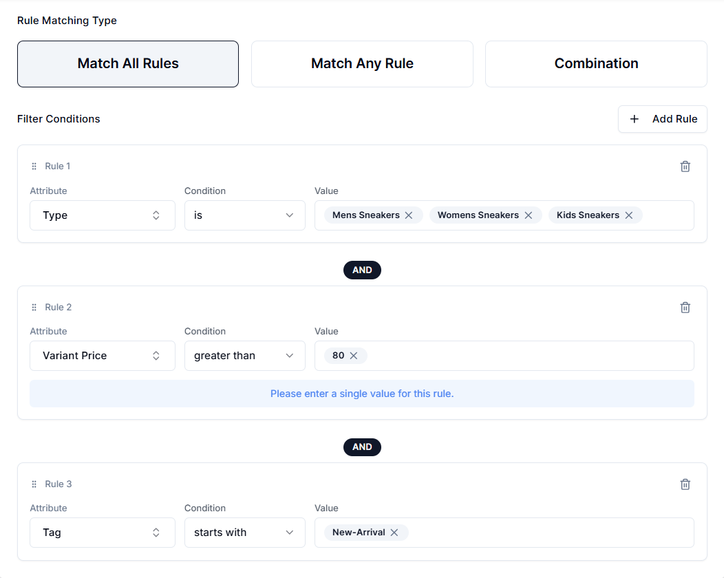 Screenshot of Price Rules Filter Example-Match All Rules